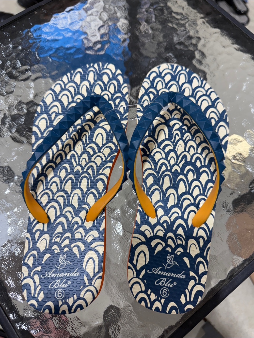Amanda Blu Navy & White Patterned Flip Flops with Mustard Straps